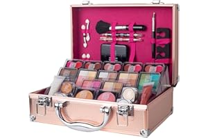 Dawn Till Dusk 80 Pieces Makeup Set with Travel Vanity Box by Envie, Includes Eyeshadow Palette, Lip Gloss, Lipsticks, Manicure Set, Makeup Brushes, Compact Mirror and Much More - (Rose Gold)
