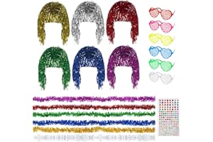 KATSLYN 6PCS Party Wigs Made of Tinsel, with 6 Neon Glasses, 1 Diamond Sticker, 6 Strips of Feather Boas, Creating A Festive Atmosphere, for Neon Parties, Masquerade Balls or Role-Playing Activities