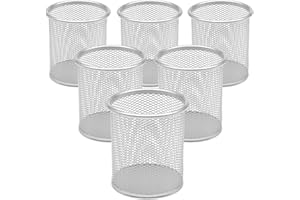DIFIT 6 PCS Pot a Crayon en Métal, Pot Crayon Rond en Métal, Mesh Multifonction Pot à Crayon, Porte Stylo, Organisation du Bureau et de la Maison, Argent