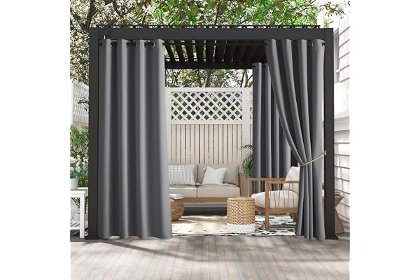 PONY DANCE Lot de 2 Rideaux Exterieur à Oeillets, Processus Anti-décoloration, L132xH213cm, Gris, Rideaux et Draperies Occultants pour Pergola Patio Terrasse Jardin