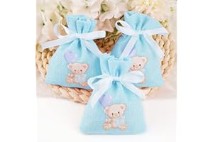 BETESSIN 24Pz Sacchetti Battesimo Blu Orsetto Bomboniere Portaconfetti Nastrino Regalo Addobbi Bambini Decorazioni Battesimo Nascita Compleanno Feste