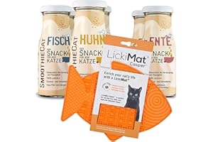 Katzen Smoothie SmoothieCat 6er Mix + Lickimat Casper Orange - je 2X: Huhn, Ente, Fisch - Flüssignahrung für Katzen - Katzensuppe - Zucker- & glutenfrei - Schleckmatte - je 150ml
