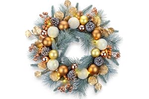 YULETIME 20-inch Christmas Wreath, Battery Operated Holiday Wreath with 20 Fairy Lights, Baubles, Berries, Pine Cones, Leaves, Frosted Spruce Branches and Pine Needles (Gold)