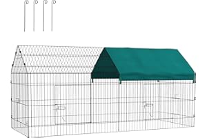 PawHut Gabbia per Conigli e Galline da Esterno e Interno con Protezione Parasole e Griglia Metallica, Casetta Recinto per Animali Piccoli, Galline, Anatre, Porcellini d'India, 220x85x103cm, Verde