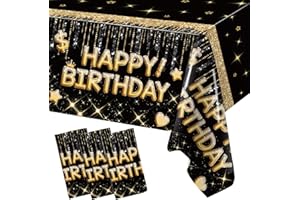 FRIGG Schwarz Gold Tischdecke Geburtstag, 3 Stück 220×130cm Tischdecken Happy Birthday Deko, Party Tischdecke Wasserdicht, Schwarz Gold Table Cloth für Geburtstagsdeko Tisch, Birthday Decorations
