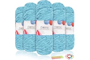 Coopay Lana de chenilla de terciopelo para ganchillo, 500 g (5 x 100 g), hilo de chenilla de terciopelo, lana gruesa para tejer, mullida, suave y aterciopelada, con accesorios de ganchillo para