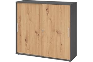 ‎BÜMÖ bümö Schiebetürenschrank 3OH - Aktenschrank abschließbar, Sideboard Schrank mit Schiebetüren in Graphit/Asteiche, Relinggriff - Büroschrank aus Holz mit Schiebetür, Büro Kommode für Ordner & Co.