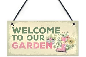 Red Ocean Targa Rossa con Scritta in Lingua Inglese “Welcome to Our Garden”, Stile Shabby Chic, Ideale Come Regalo per la casa Estiva