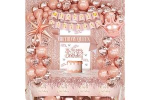 CBODECO Rose Gold Birthday Decorations Set for Women Girls - Happy Birthday Banner,Confetti Balloons,Fringe Curtain,Exploding Star Foil Balloon,Tablecloth & Crown for Party Decorations