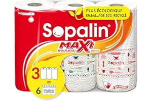Sopalin Maxi Rouleaux Décoré – x3 Maxi Rouleaux = 6 rouleaux classiques – Triple épaisseur – Demi-feuilles – Emballage 80% plastique recyclé – Papier certifié FSC Mixte