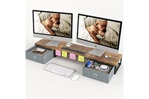 CAIYUN Supporto per monitor a doppio monitor con 2 cassetti, 100 cm, grande supporto per computer per 2 monitor, organizzatore desktop in legno, perfetto per scrivania domestica, computer, laptop, TV