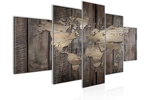 Runa Art Cuadros Mapa del mundo 5 Piezas Lienzo no Tejido Decoracion Sala Aspecto de madera Marrón beige 035052b