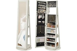 SONGMICS Jewellery Organiser, Freestanding Jewellery Cabinet with Full-Length Mirror, 360?Swivel, Storage Shelf, Lockable with Keys, for Bedroom, Gift Idea, White with Greyish Wood Grain JBC62W
