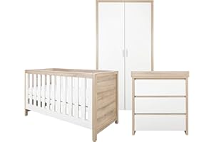 Tutti Bambini Modena Nursery Furniture Set (3 Piece) | Convertible Baby Cot Bed, Chest of Drawers Changer and Wardrobe Set | Solid Wood Furniture (Oak & White)