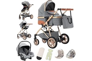 Gcarebb Poussette 3 en 1, Poussettes Citadines Avec Siège Auto, Poussette Canne Poignée Réglable en Hauteur, Poussettes Combinée Paysage Haut Cadre en Aluminium Convient Pour 0-3 Ans