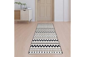 ‎MIQNA miqna Wohnzimmer Teppich Kurzflor Moderne geometrische rutschfeste Boden Flur Teppich Gel Läufer schwarz weiß (Linie, 80 x 200 cm)