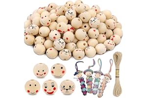 Kkluno 100 Stück Holzperlen Mit Gesicht, Rund 20mm, Zum Auffädeln, Niedlich, Smile Face, Sorgenwürmchen für DIY Handgefertigte Handwerk Und Schmuckherstellung