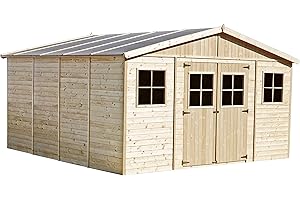 Abri de Jardin en Bois Exterieur avec Plancher IMPRÉGNÉ - Chalet en Pin/épicéa- H246 x 418 x 420 cm/ 16 m²-Construction de Panneaux - Rangement pour vélos, Remise à Outils- TIMBELA M330+M330G