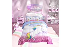 Loussiesd Dreamy Unicorn Copriletto 135x200cm Taglia Bambini Ragazze Rosa Viola Trapuntato Set Letto per Le Donne Colore Rainbow Horse Con 1 Federa Morbida Microfibra Inverno Estate Piumino