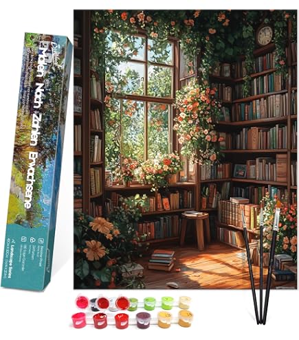 Kit de peinture d'intérieur par numéros pour adultes - Bibliothèque rustique avec fenêtre sur toile - 40,6 x 50,8 cm - Kit de peinture acrylique pour débutants, salle d'étude pour décoration de Kit de peinture d'intérieur par numéros pour adultes - Bibliothèque rustique avec fenêtre sur toile - 40,6 x 50,8 cm - Kit de peinture acrylique pour débutants, salle d'étude pour décoration de