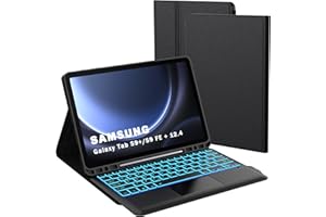 ROOFEI Tastatur Hülle für Samsung Galaxy Tab S9 FE+/S9 Plus 12,4 Zoll - 7 Farbige Beleuchtung Touchpad Tablet Cover mit Stifthalter - Beleuchtete Deutsches QWERTZ Layout Tastatur für Tab S9 FE+ /S9+ Schwarz