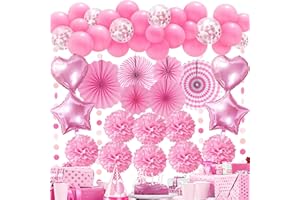 RECOSIS Premium Rosa Party Deko - Papier Fächer, Pompons und Luftballone für Hochzeit, Geburtstag und Babydusche, Happy Birthday Dekoration