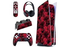 playvital Black Red Camouflage Full Set Skin Decal for ps5 Console Disc Edition, Sticker Vinyl Decal Cover for ps5 Controller & Charging Station & Headset & Media Remote