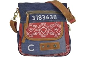 Sunsa Damska torba na ramię. Zrównoważona torebka wykonana z przetworzonych dżinsów Canvas & Skóra. Crossover Bag w stylu vintage niebieski/czerwony torebka damska. Pomysł na prezent dla kobiet,