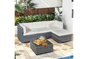 Aweather Rattan Garden Furniture Outdoor Corner Sofa 5 Piece Garden Furniture Set, With Glass Coffee Table, Fully Assembled… (Blue Grey/Cream)