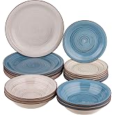 Baroni Home 18-Piece Ceramic Dinnerware Set, Decorated Dinnerware Set for 6, Deep Plate, Plate, Fruit, Dessert (Blue&amp;Grey Sty