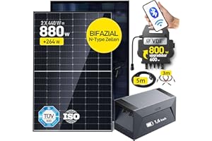 ALLDREI® 880W Balkonkraftwerk mit Speicher, Balkonkraftwerk 800W Komplett Steckdose mit 2x 440W Bifazialer Solarpanel & 1,6kWh Speicher E1600, Wechselrichter 600/800W mit APP&WIFI, 0% MwSt.