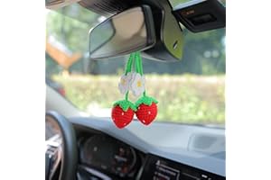 ANZRLE 2 Stück niedliche gehäkelte Erdbeere Auto hängende Ornament für Auto Rückansicht Mirrior Dekor, Autospiegel hängende Charms Zubehör, Auto Anhänger Obst als Geschenk handgefertigt gestrickt (ROT)
