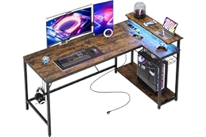 Bestier 147cm Scrivania a forma di L con prese di corrente, scrivania ad angolo per l'ufficio con ripiani reversibili e luci LED - Scrivania da studio moderna e semplice per piccoli spazi, marrone