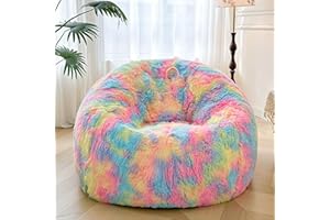 XeGe 5FT Giant Fluffy Bean Bag Chair Cover(No Filler), Ultra Soft Faux Fur Stuffed Animal Storage Bean Bag for Plush Toys, Plush Shaggy XL Large Beanbag for Adults Kids Teens Girls, Anti-slip, Rainbow