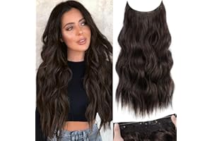 PORSMEER Extensiones Hilo invisible Pelo Natural,Extensiones de Cabello Natural Clips Pelo Sintético una sola capa de extensiones de cabello Onduada rizado Postizos Pelucas 50cm,marrón oscuro