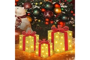 VIPNAJI Juego de 3 Cajas de Regalo LED, Cajas de Regalo LED Decoración con Luz, Decoración de Caja de Regalo con Lazo, Cajas árbol con Luces para árbol de Navidad, hogar, Decoraciones de Navidad
