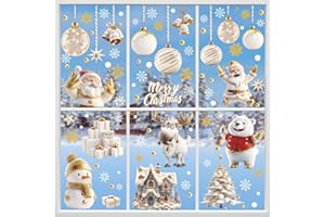 Hianjoo Świąteczne naklejki na okna, 9 arkuszy, 110 szt., świąteczne naklejki na szkło, z białym złotym płatkiem śniegu, Święty Mikołaj, choinki, łoś, zamek, Boże Narodzenie, prezent, dekoracja