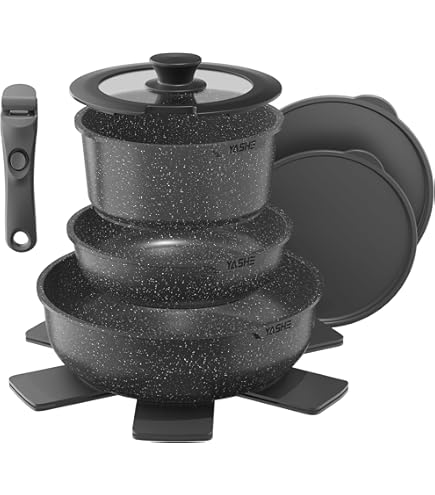 HAGEN, Pannenset met steencoating, Afneembare steel, 10 stuks, Zwart, Herzberg HA04630