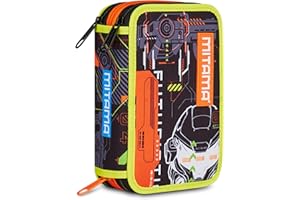 Mitama Astuccio Scuola 3 Scomparti, FLUO BATTLE, Astuccio attrezzato, 47 pezzi, Per bambini e ragazzi, Scuola elementare e media, Tempo libero