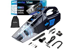 WOSCHER AirVac Pro+ 3in1 USB Rechargeable Car Vacuum Cleaner Cordless,Tyre Inflator,150 PSI Digital Air Pump for Car Tyre|120 Watt Car Vacuum Cleaner High Power 6000PA |LED Light| Auto Shut Off