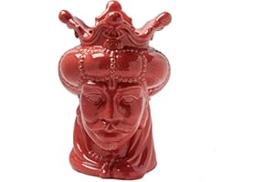 Baroni Home Testa di Moro in Ceramica in Stile Siciliano Dipinto a Mano, Vaso Monocromatico per piante da Interno, Soprammobile di design, Stile Italiano, Re Rosso Corallo 15x15x24 cm
