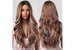 ALLBELL Braune Perücke für Damen, lange lockige Welle, gesträhntes blondes Kunsthaar mit dunklem Ansatz im Mittelteil