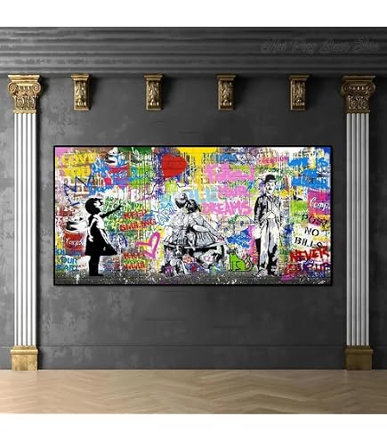 Tableau Mural Banksy Imprimé Sur Toile - Graffiti Street Art 'Behind The Curtain' Sans Cadre - Décoration Moderne