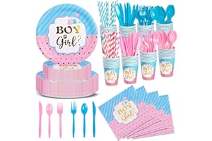 Nkaiso Blue and Pink Baby Shower Gender Reveal Party Tableware Set, 192 Pieces Girls Boys Gender Reveal Theme Tableware Decorations Plates Cups Napkins Straws Dinnerware Party Supplies- 24 Guests