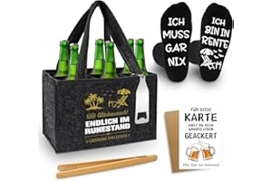 Shining She Renteneintritt Geschenk Männer Männerhandtasche Bier, Filz Flaschentasche 6 Flaschen mit Flaschenöffner Eiszange Bier Socken Grußkarten, Rente Geschenk Mann für Kollegen Freund Opa