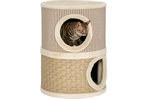 PawHut Kratztonne für Katzen 49 cm Hoch Ø 35,5 cm Katzentonne mit 2 Etagen Sisalseil, Plüsch Katzenhöhle, Kratzbaum für große Katzen, Khaki+Kaffee