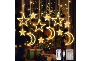 OVOISSTIY Cortina de Luces Estrellas Luna, Guirnalda Luminosa Estrellas Interior 3.5m, 8 modos Luces de Cortina de ventana con remoto USB/batería IP44, Cadena de luz Ventana para fiesta navidad