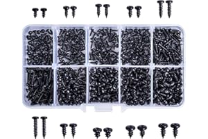 SMATIME 500Pcs Cross Head Self Tapping Screws Black Small Screw Carbon Steel Screws 9 Sizes Multi Use Round Head Self Tapping Screw Assortment Kit Fasteners with Clear Box for Plastic Wood Soft Metal