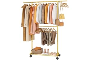 FAVOOSTY Kleiderständer auf Rollen, Mobiler Kleiderständer Stabil, Garderobenständer Metall, Einstellbar Garderobe, 89.50×39.00×161.20 cm GOLD