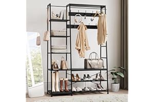 YITAHOME Coat Rack Stand with Shoe Storage, Floorstanding Hall Tree with Bench Industrial Coat Rack with 9 Hooks and 5 Shelves Clothes Rail for Bedroom Living Room Hallway Entryway, Black